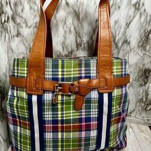 Tommy Hilfiger Green Blue Plaid Tote Preppy Nautical Checked Classic Belt Detail